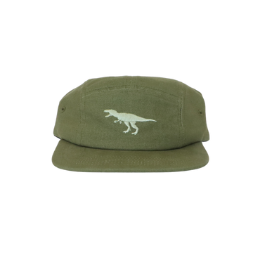 A green five-panel cotton hat with an embroidered T-Rex silhouette on the front.